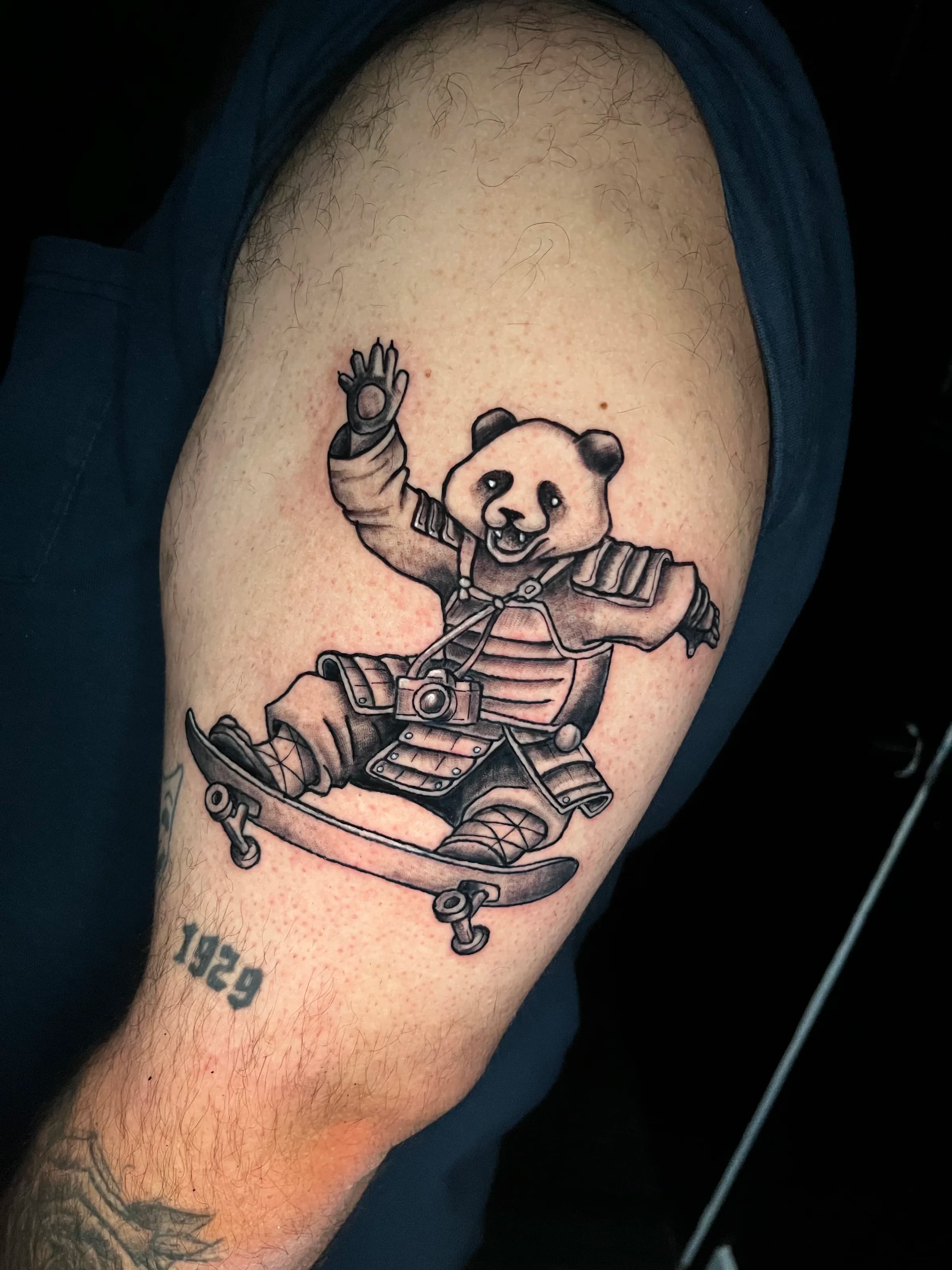 Samurai panda blackwork tattoo