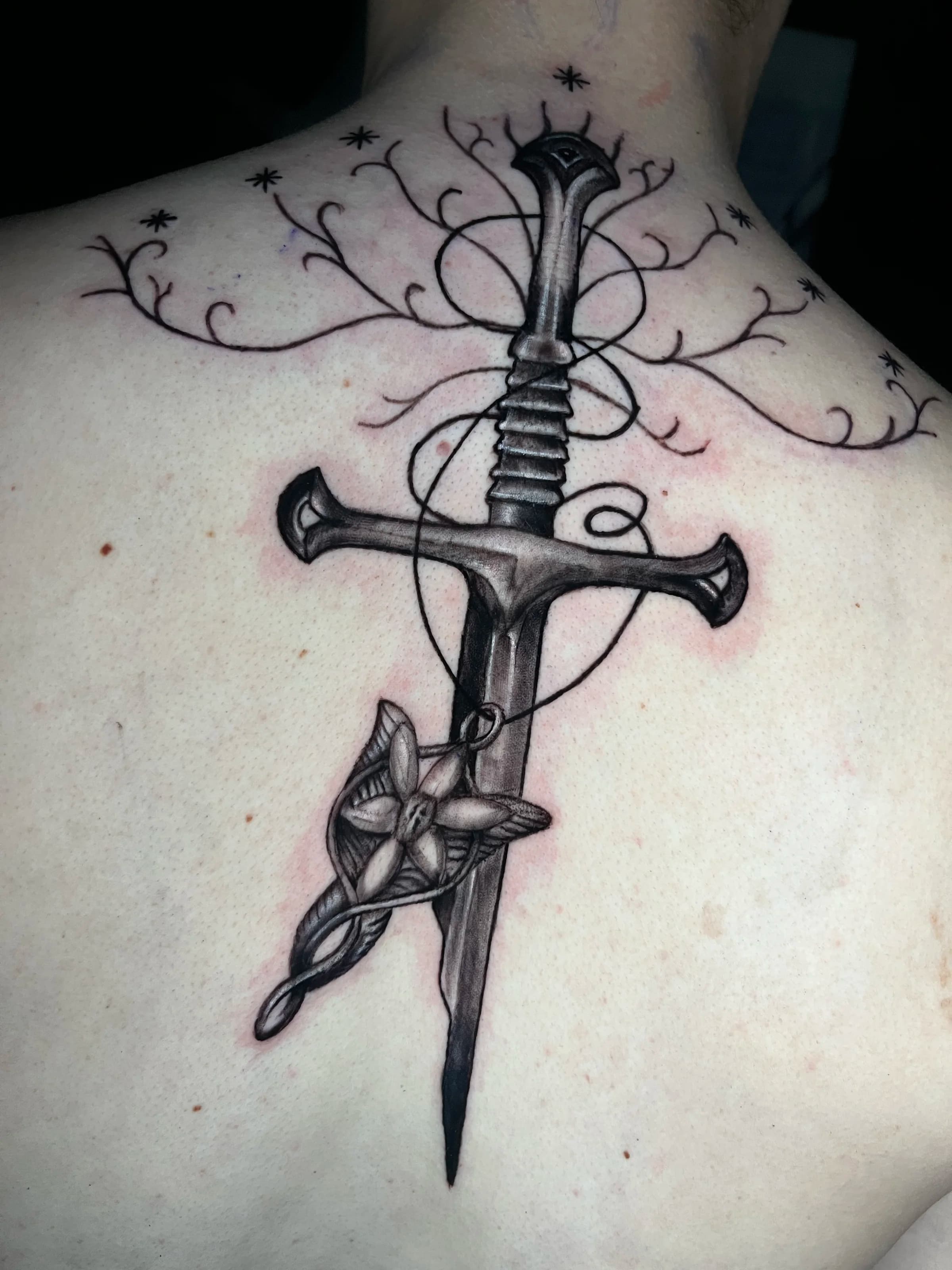 Sword and tree in LOTR style blackwork
