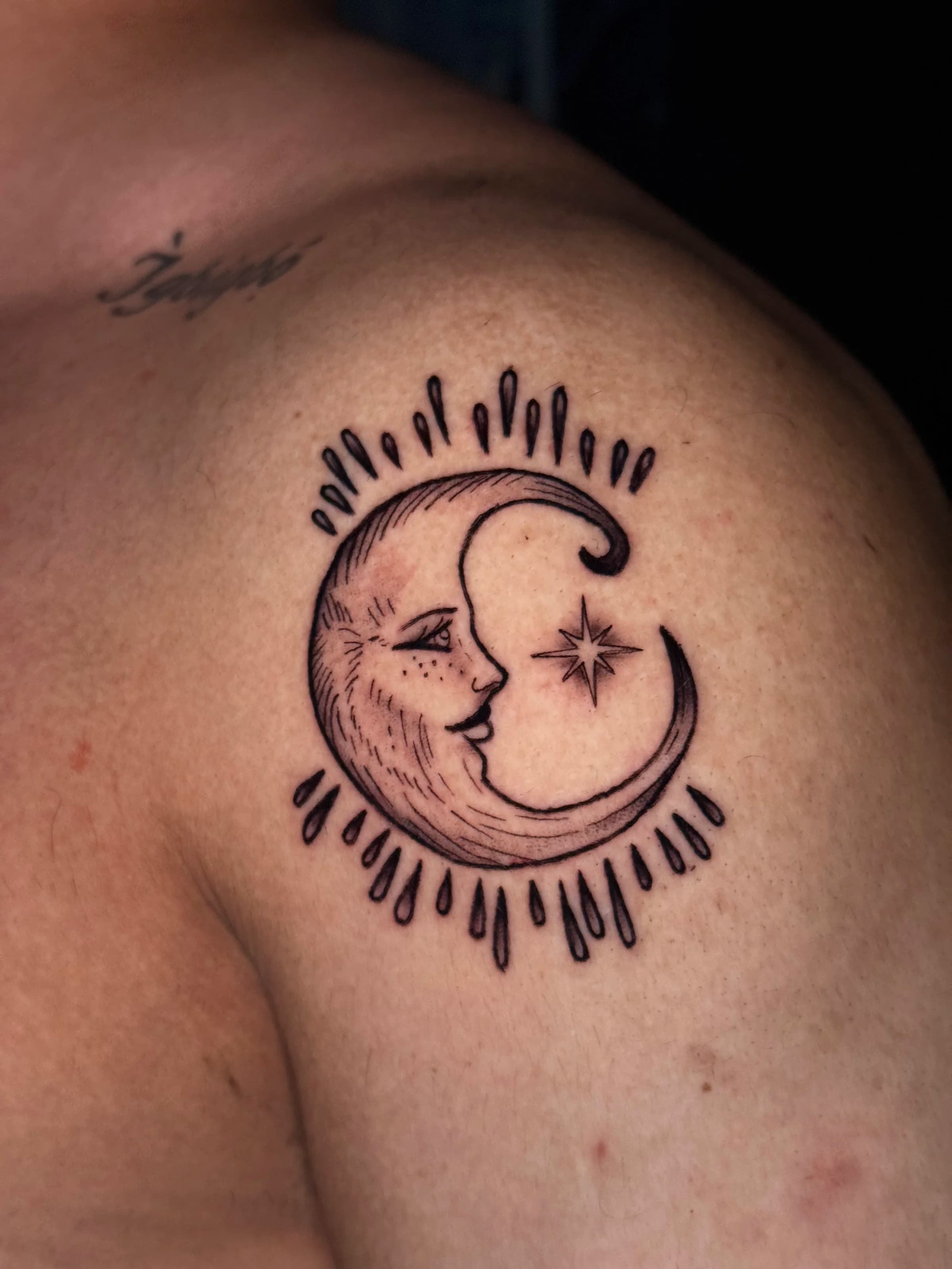 Crescent moon face blackwork